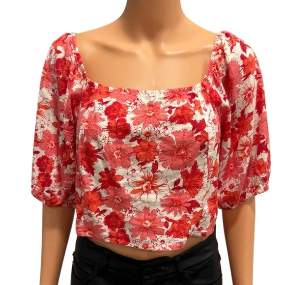 LUCKY BRAND NWT Floral Linen Blend Short Puff Sleeve Crop Top Red White Large - Picture 1 of 9
